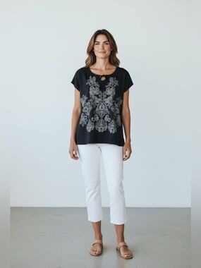 Classic Editions, Navy Paisley Top, Keyhole Tie Soft Stretch, Large